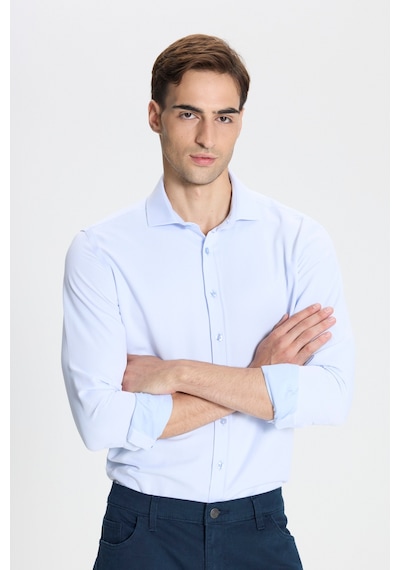 George Henry Pamuklu Oxford Slim Fit Dar Kesim İtalyan Yaka Armürlü Gömlek Mavi