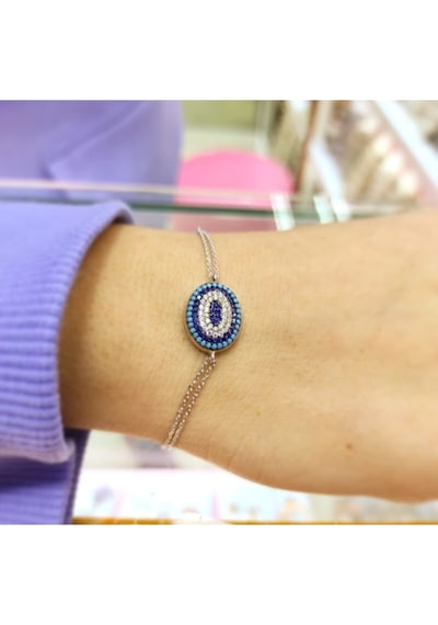 Oriental Kuyumculuk Jewellery Yassı Nazar Boncuklu Gümüş Bileklik Gümüş