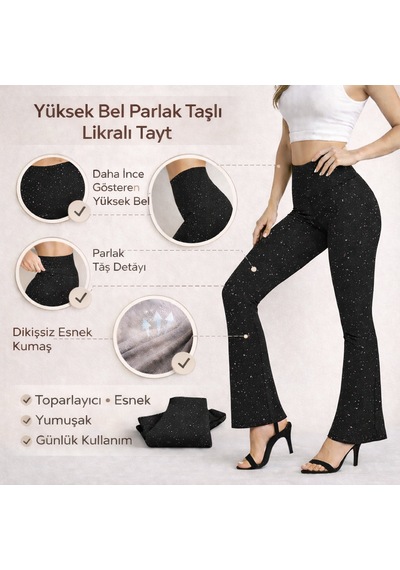 Enva Store Taşlı Tayt İspanyol Paça Likralı Siyah