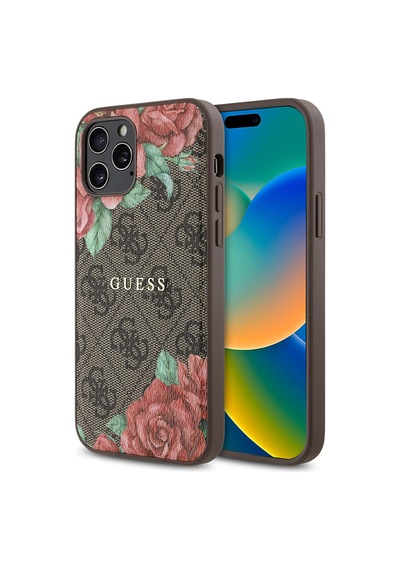 Apple Uyumlu iPhone 12 Pro Kılıf Guess Lisanslı Magsafe Şarj Özellikli Gül Baskılı Yazı Logolu Kapak Kahverengi