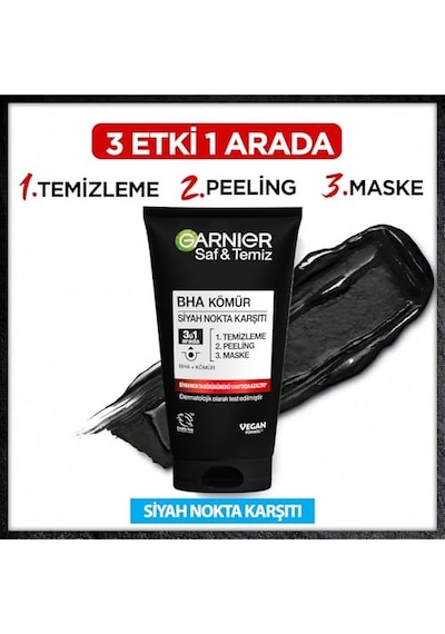 Garnier Skin Naturals Saf & Temiz Siyah Nokta Karşıtı Kömürlü 3'ü 1 Arada 1 X 150 Ml