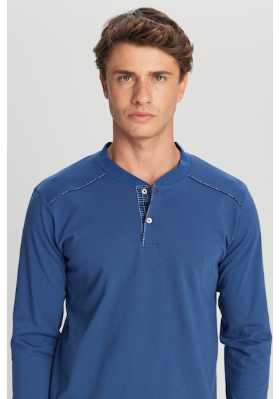 AC&Co / Altınyıldız Classics Erkek Indıgo %100 Pamuk Standart Fit Hakim Yaka Desenli Cepli Pijama Takımı İndigo