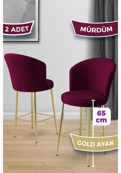 Canisa Alte Serisi 2 Adet Babyface Kumaş 65 Cm Gold Kaplama Ayaklı Mürdüm Bar Sandalyesi Mürdüm Sandalye Gold Kaplama Ayak