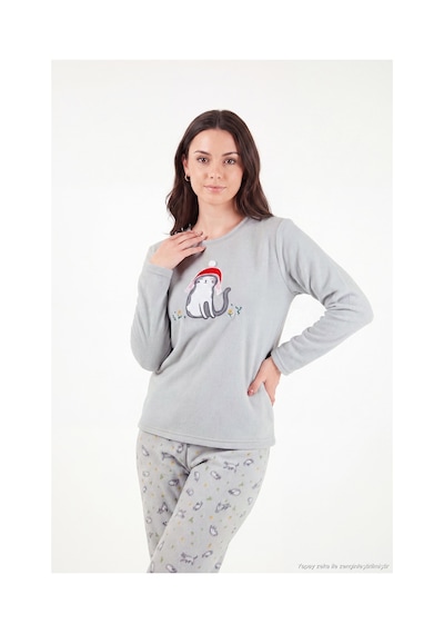 Lela Desenli Yumuşak Dokulu Kışlık Polar Pijama Takımı Kadın Pijama Takımı 6575031 Gri