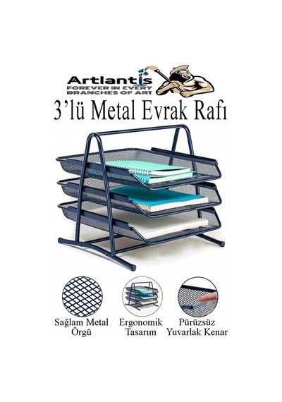 Lacivert Metal Evrak Rafı 3 Lü Ve Masaüstü Kalemlik 3 Lü 1 Paket Masaüstü A4 Dosya 3 Katlı Düzenleyici Kağıt Tepsisi