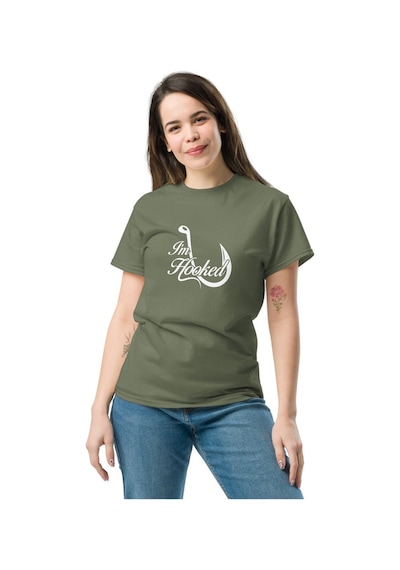 Wildstyle I'm Hooked Balıkçılık Olta Balıkçı Tutkusu Baskılı Unisex Bisiklet Yaka Pamuklu Tişört - Haki