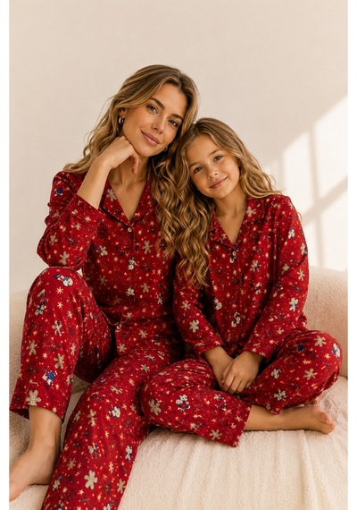 Free Beka Yılbaşı Desenli Uzun Kollu Önden Düğmeli Gömlek Yaka Anne Kız Pijama Takımı Kırmızı