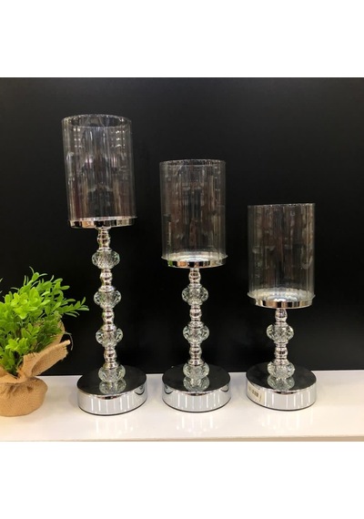 Kristal Taşlı Ayaklı Gümüş Şamdan 3'lü Set