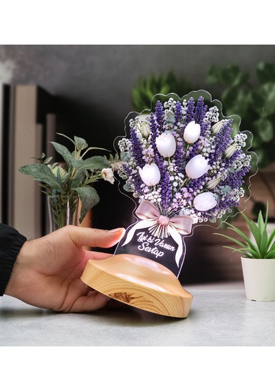 Mor Lavanta Ve Beyaz Lale Çiçek Buketi Lambası, Işıklı Anneye Öğretmene Hediye, İsimli Doğum Günü Hediyesi Lavanta Ve Lale Buketi