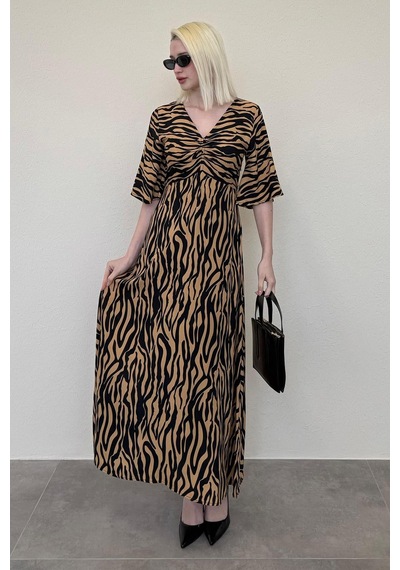 Madmext Kahverengi Zebra Desenli V Yaka Yarım Kollu Elbise Mg2394