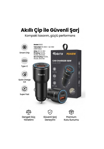 Bs02 Pd48w Dual Port Araç Şarj Cihazı Type-c Pd30w + Usb-a Qc3.0 48w Hızlı Şarj Adaptörü