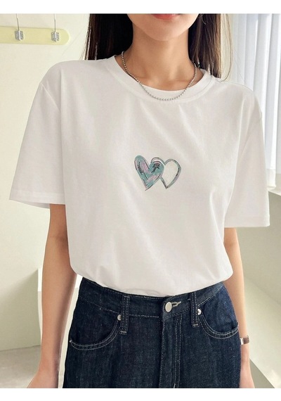 Çift Kalp Logo T-shirt - Beyaz Baskılı Oversize Bisiklet Yaka Kısa Kol Tişört Beyaz