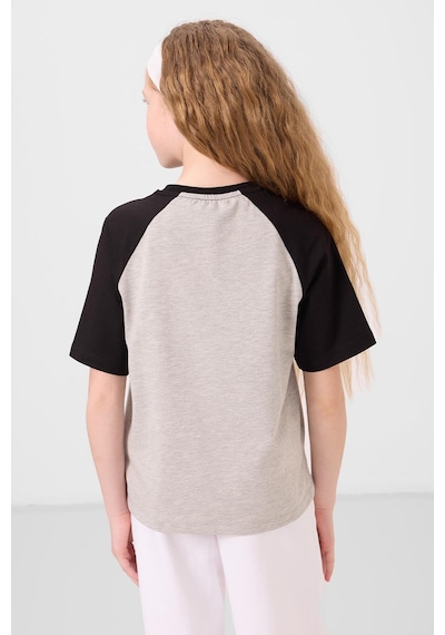 Gri Melanj O Yaka Pamuklu Baskılı Oversize Fit Kız Çocuk T-shirt - 75179 Gri Melanj