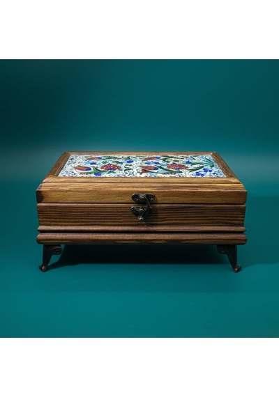 Mertek Ahşap Mücevher Kutusu - %100 El Yapımı - Çam Ağacı Ve Seramik - 18,5x11,5x9 Cm Kahverengi