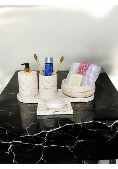 5'lı Banyo Seti Sıvı Sabunluk Diş Fırçalığı,havluluk,tepsi,katı Sabunluk Bej