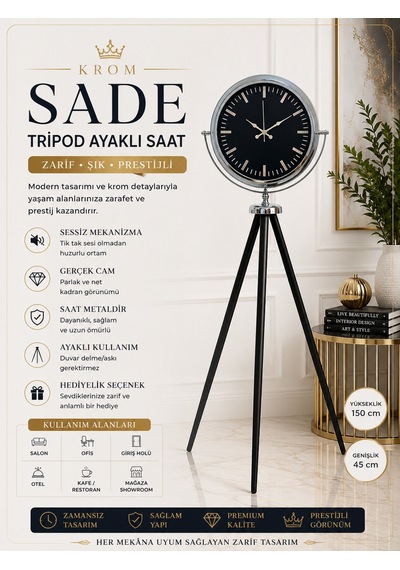 Krom Prime Modern Tripod Ayaklı Saat