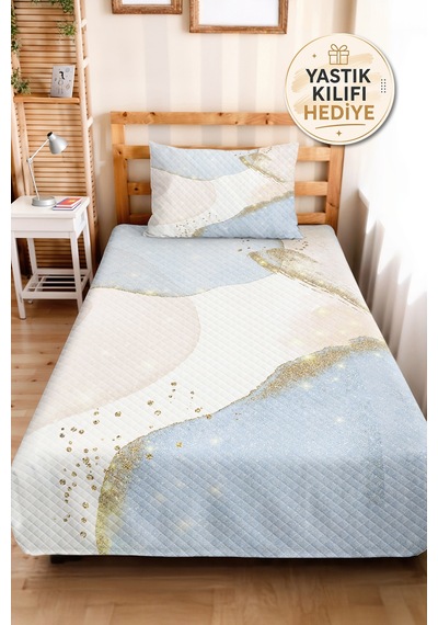 Mavi Geometrik Modern Genç Odası Tek Kişilik Pike Takımı-beyaz Gold 160x220 Cm Kapitone Yatak Örtüsü Narin Kahve Uyumu