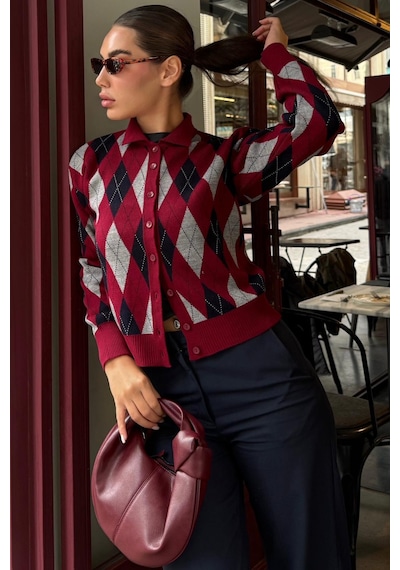 Madmext Bordo Baklava Desenli Polo Yaka Kadın Hırka Mg2478 Bordo