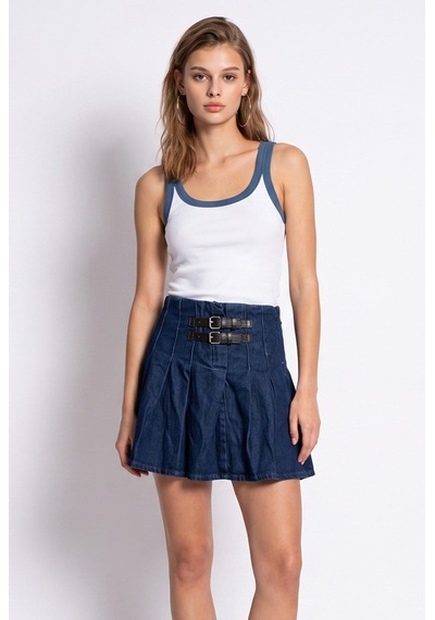 Mixray 2191 Kadın Çift Tokalı Pilili Yüksek Bel Denim Mini Etek Lacivert