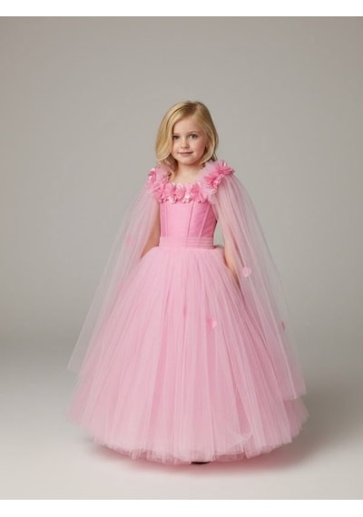 Zekids Kız Çocuk Kol Detaylı Prenses Model Abiye Elbise-17245 Pembe
