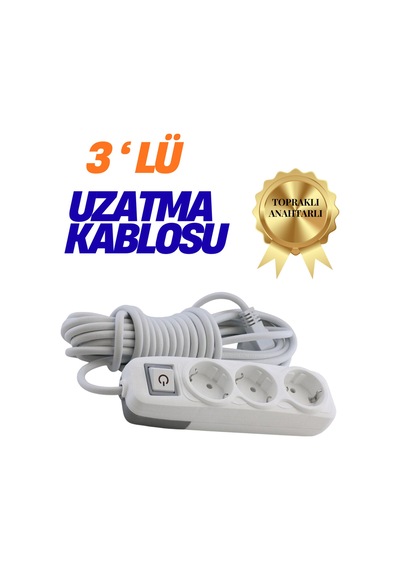 Klc 3'lü Grup Priz 7 Metre Anahtarlı Topraklı Çocuk Korumalı Uzatma Kablosu Seyyar Kablo 3lü Priz Beyaz 6 - 8 M