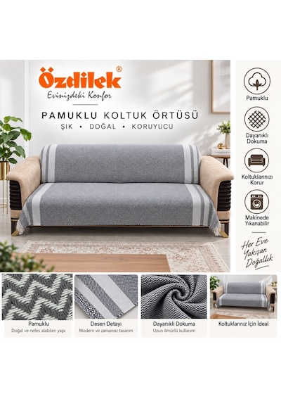 Özdilek Pamuklu Kaymaz Zigzag Koltuk Örtüsü 170x210 - Antrasit