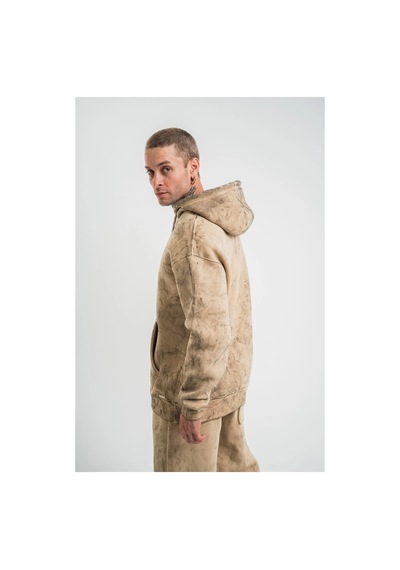 Erkek 3 İplik Pamuklu Oversize Kapüşonlu Yıkamalı Hoodie Sweatshirt - Bej