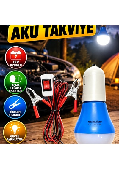 Timsah Kıskaçlı 12v Led Ampul Akü Bağlantılı Anahtarlı Aydınlatma