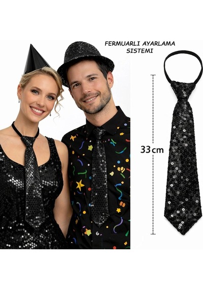 Siyah Renk Pul Payetli Işıltılı Parti Kravatı 33 Cm +3