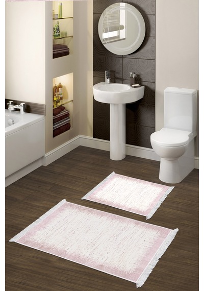 Dekoreko Kaymaz Taban Djt 2 Li Banyo Paspas Takımı Trend Saçaklı Modern 1342 pudra