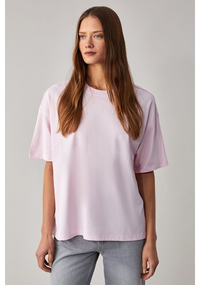 Grimelange LAGERTHA  Kadın %100 organik Pamuklu Kalın Dokulu Oversize Fit Yuvarlak Yakalı Açık Pembe T-Shirt