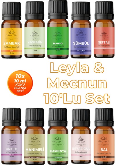 Leyla & Mecnun Esansiyel Uçucu Koku Yağı Buhurdanlık Yağı Difüzör Esansı 10'lu Set 10x10ml Karışık