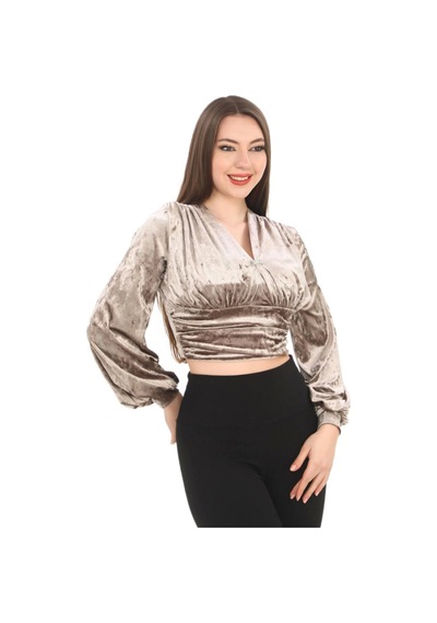 Lodmela Broş Detaylı Kadife Crop 6007-vizon Vizon
