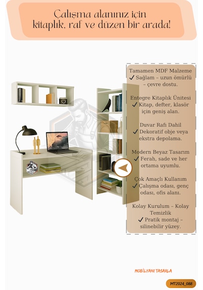 Tamamı Mdf Kitaplıklı Duvar Raflı Çalışma Odası Seti