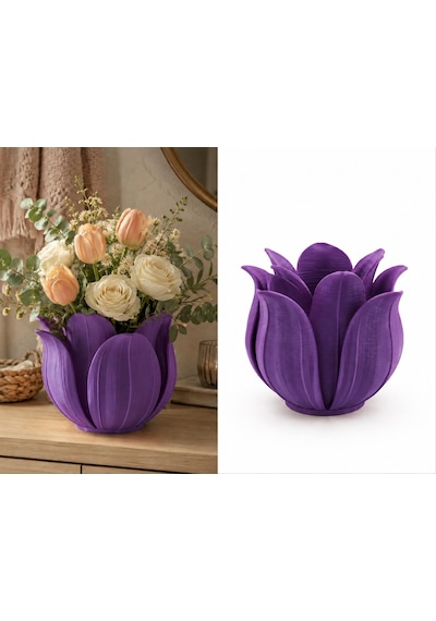 3d Baskı Lotus Yapraklı Vazo - Dekoratif Çiçeklik-mor Çok Renkli