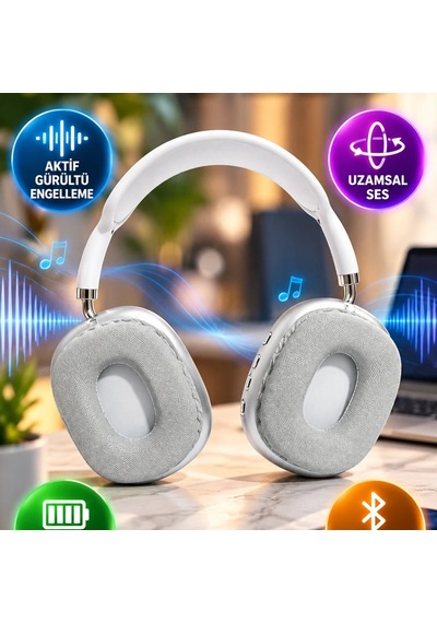 P9 Plus Beyaz Bluetooth Kulak Üstü Kulaklık Uzamsal Ses Ve Aktif Gürültü Engelleme