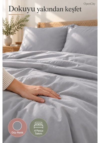 Çift Kişilik Gri Nevresim Takımı 4 Parça Düz Renk 180x220 Nevresim 180x240 Çarşaf 2 Yastık Kılıfı Ev