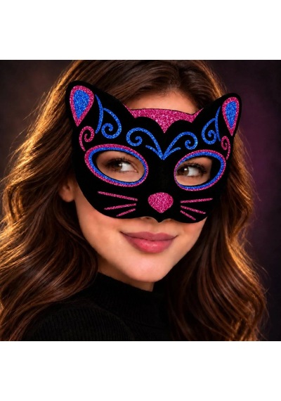 Siyah Kadife Kaplama Üzeri Pembe Mavi Sim İşlemeli Kedi Maskesi 20x13 Cm Standart