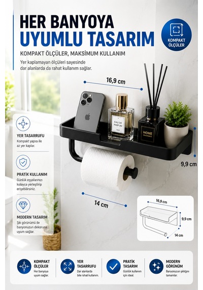 Siyah Yapışkanlı Raflı Tuvalet Kağıdı Askılığı Delmeden Montaj Banyo Organizer Telefon Rafı Askısı