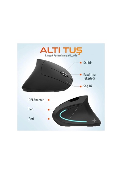2.4g Dikey Ergonomik Kablosuz Optik Mouse - 800/1200/1600 Dpı - Siyah