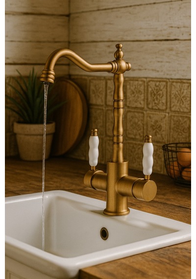 Rena Design Rustik Mat Gold Aritmali 3 Yollu Mutfak Evye Batarya Prinçlüks Musluk Garanti Porselen Kol Armatür