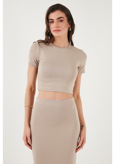 Lela Slim Fit Yırtmaç Detaylı Uzun Etekli Crop Bayan Takım 5866148 Taş