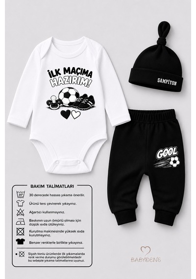 Babyden's Bebek 3'lü Takım Siyah Beyaz Taraftar Temalı Uzun Kol %100 Pamuk Yenidoğan Seti İlk Maçıma Hazırım