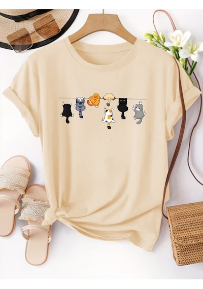 Uyguntarz Unisex Yaramaz Kediler Baskılı Tasarım Tshirt Bej