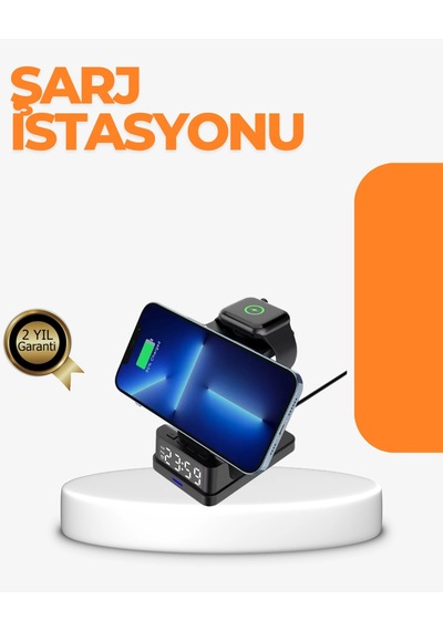 4 Ü 1 Arada Kablosuz Şarj İstasyonu Led Saat Ekranlı, Akıllı Güvenlik Koruması Diğer