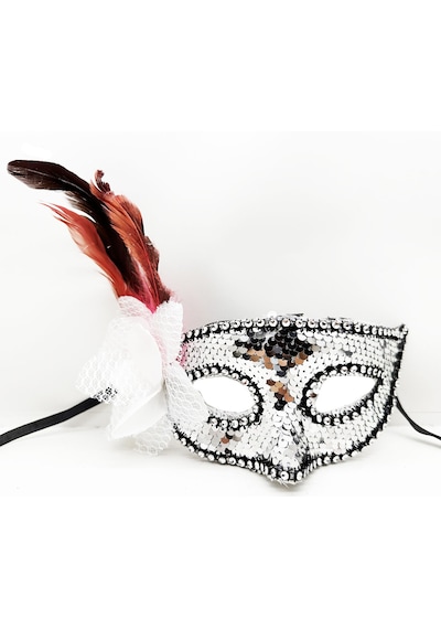 Gümüş Renk Yandan Tüylü Güllü Gümüş Taşlı Pullu Maske 20x22 Cm Altın Ve Çok Renkli