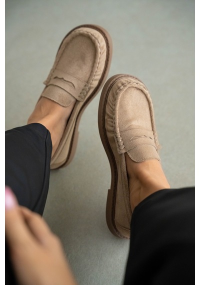 Selin Shoes Livo Kalın Ve Düz Taban Klasik Kadın Ayakkabı- Vizon Süet
