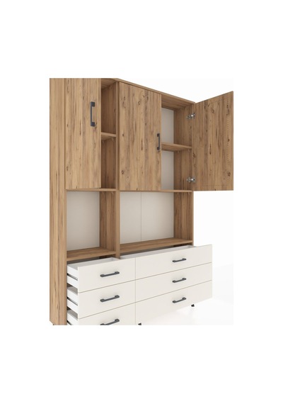 Arges Dolap 6 Raflı 6 Çekmeceli 3 Kapaklı 132x30x195 Çam-çam/... Çam