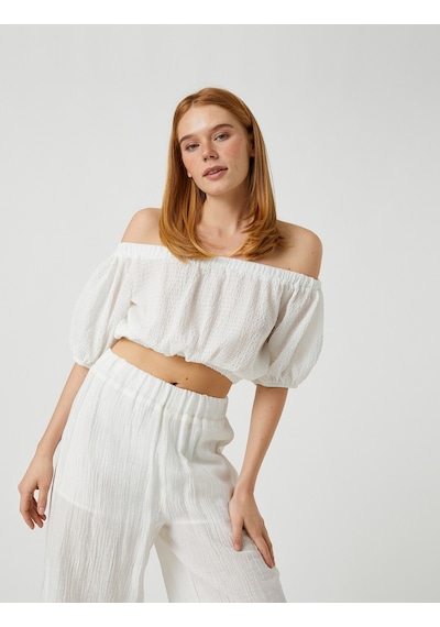 Koton Crop Bluz Omzu Açık Balon Kollu Beyaz 3sak60136cw 3SAK60136CW000