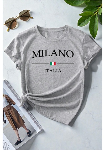 Uyguntarz Unisex Milano Italia Baskılı Tasarım Tshirt Gri